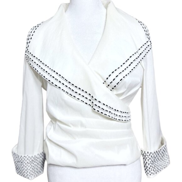 Cachet Designer Beaded Trim White Stretch Tailored Evening Blouse Top Size 8 - Picture 1 of 7